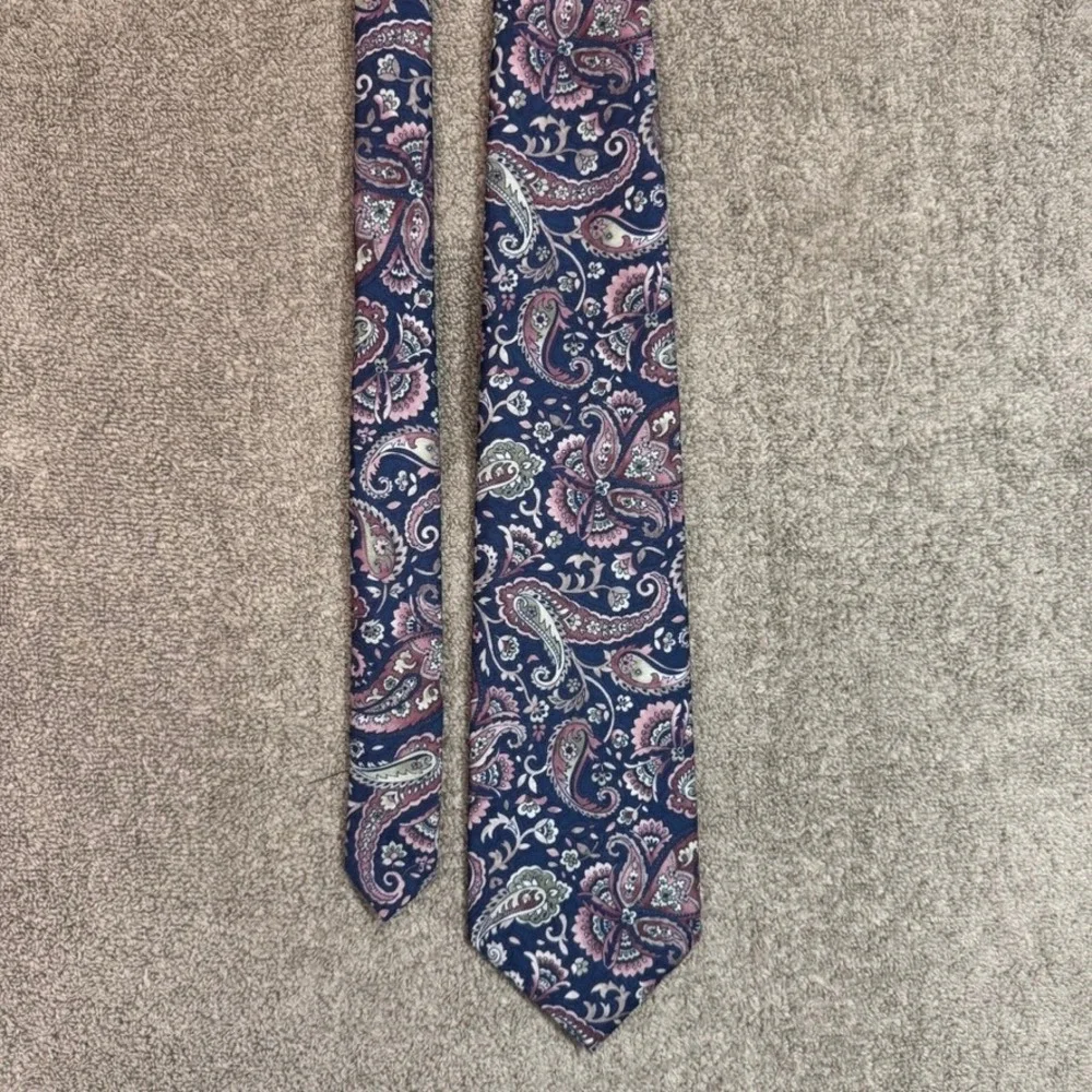 Italian All Silk Hand Made Paisley Tie Navy Blue Pink Sage Green Floral Mens